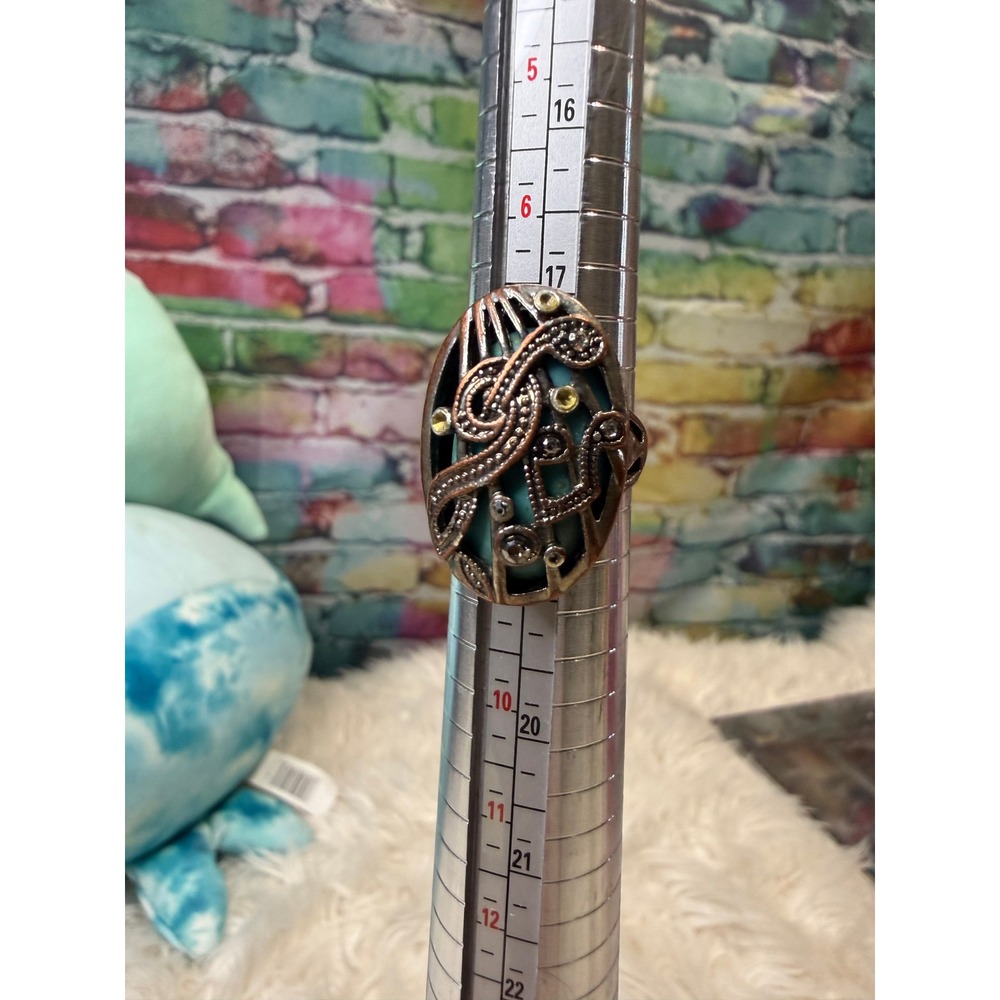 Vintage Boho Copper Turquoise Statement Ring Rhinestone Filigree Size 7.5